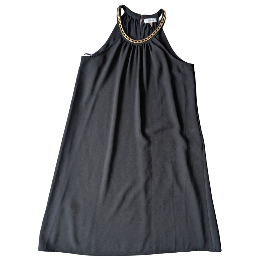 Calvin Klein Women's Size 8 Black Halter Sleeveless Dress Gold Hue Chain‎ Detail